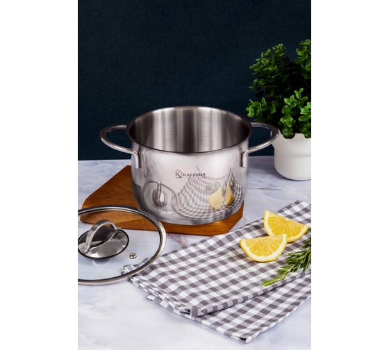 Кастрюля КАТЮША Platinum нержавеющая сталь, 24x15,5 см, 6,5 л, стеклянная крышка 200-240