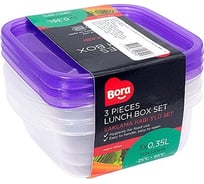 Квадратный контейнер BORA 0.35 л ДхШхВ 110x120x46 мм 3 шт в упаковке крышка фиолетовая пластик ПЛ-BO545p