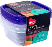 Квадратный контейнер BORA 0.85 л ДхШхВ 145x155x65 мм 3 шт в упаковке крышка фиолетовая пластик ПЛ-BO531p