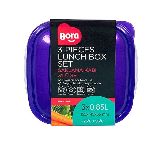 Квадратный контейнер BORA 0.85 л ДхШхВ 145x155x65 мм 3 шт в упаковке крышка фиолетовая пластик ПЛ-BO531p