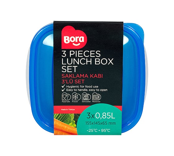 Квадратный контейнер BORA 0.85 л ДхШхВ 145x155x65 мм 3 шт в упаковке крышка синяя пластик ПЛ-BO531b