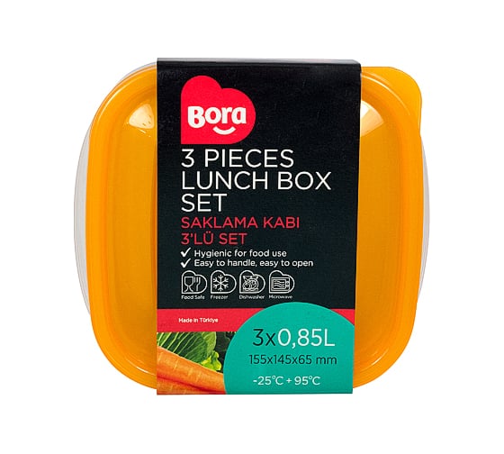 Квадратный контейнер BORA 0.85 л ДхШхВ 145x155x65 мм 3 шт в упаковке крышка оранжевая пластик ПЛ-BO531o