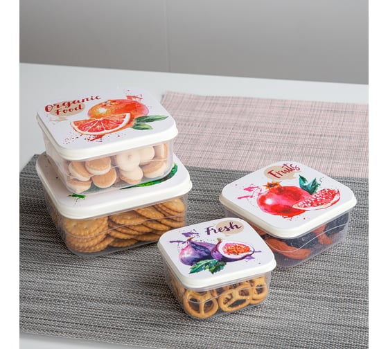 Комлект контейнеров для продуктов с декором Phibo 4 шт., 0,3л + 0,45л + 0,65л + 1л, Светло-серый 433264030