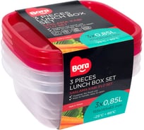 Квадратный контейнер BORA 0.85 л ДхШхВ 145x155x65 мм 3 шт в упаковке крышка красная пластик ПЛ-BO531r