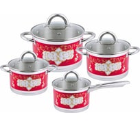 Набор кастрюль Pomi d'Oro 18 см, 20 см, 24 см и соусник 16 см с крышками P-640362 Fiore red