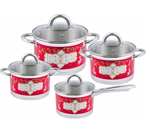 Набор кастрюль Pomi d'Oro 18 см, 20 см, 24 см и соусник 16 см с крышками P-640362 Fiore red 1