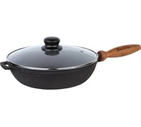 Чугунная сковорода Maysternya 28 см, стеклянная крышка, деревянная ручка T306С3