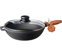 Чугунная сковорода Maysternya 26 см, стеклянная крышка, деревянная ручка T305С3