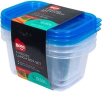 Прямоугольный контейнер BORA 0.5 л, ДхШхВ 142x93x70 мм, 3 штуки в упаковке, крышка синяя, пластик ПЛ-BO534s