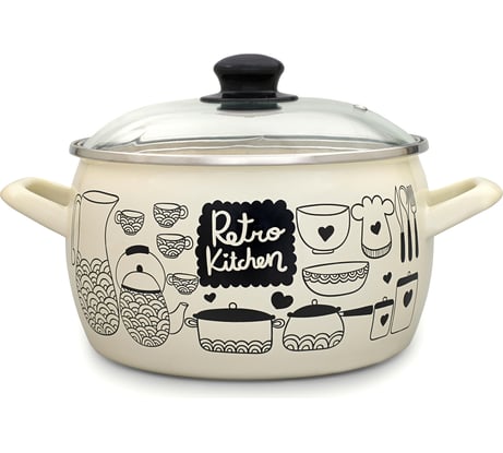Глубокая кастрюля METROT Эксклюзив Ретро со стеклянной крышкой, с металлической ручкой, 5.7 л, 22 см 350015