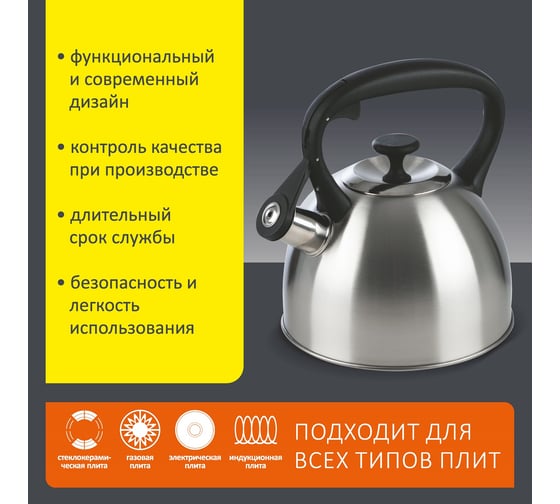 Чайник Mallony POESIA объём 2.5 л из нержавеющей стали со свистком, матовый 985617