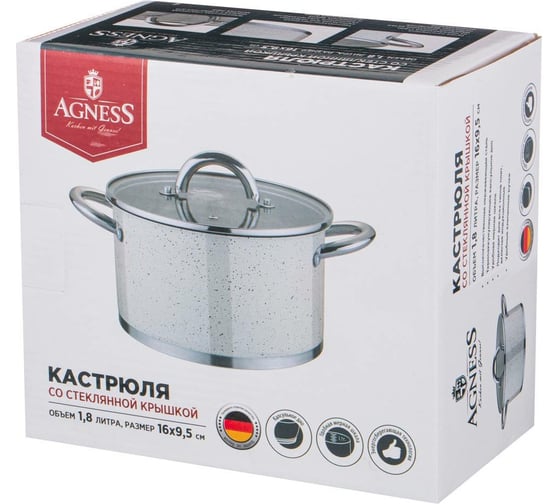 Кастрюля Agness АРКТИК со стеклянной крышкой, нержавеющая сталь, 1,8 л 16x9,5 см 937-315