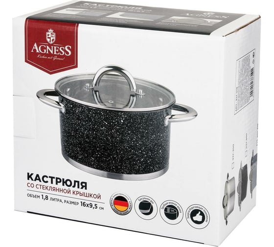 Кастрюля Agness BLACK MARBLE со стеклянной крышкой, нержавеющая сталь, 1,8 л 16x9,5 см 937-305