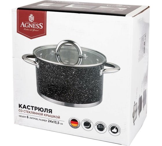 Кастрюля Agness МОНБЛАН со стеклянной крышкой, нержавеющая сталь, 6 л 24x13,5 см 937-314