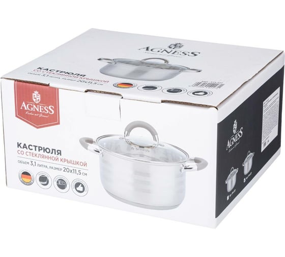 Кастрюля Agness CLASSIC со стеклянной крышкой 3,1 л, 20x11,5 см 914-227