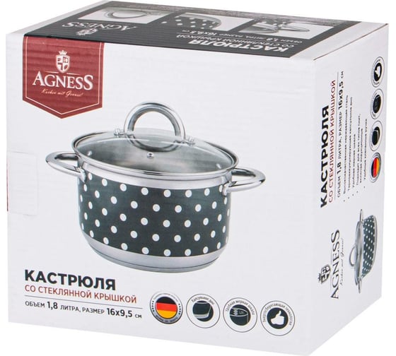Кастрюля Agness ГОРОШЕК со стеклянной крышкой нержавеющая сталь 1,8 л диаметр 16 см высота 9 см 937-710