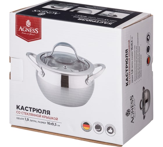 Кастрюля Agness APPLE со стеклянной крышкой 1,9 л, 16x9.5 см 937-352