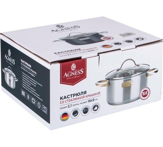 Кастрюля Agness CRAFT COLLECTION со стеклянной крышкой, нержавеющая сталь, 2,1 л 18x9 см 914-113
