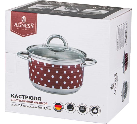 Кастрюля Agness ГОРОШЕК со стеклянной крышкой нержавеющая сталь 2,7 л диаметр 18 см высота 10 см 937-701