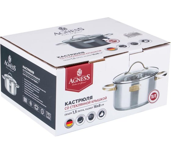 Кастрюля Agness CRAFT COLLECTION со стеклянной крышкой, нержавеющая сталь, 1,5 л 16x8 см 914-112