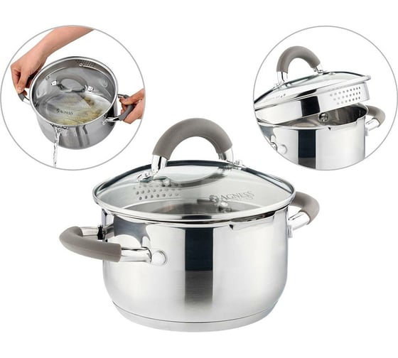 Кастрюля Agness PROFI HOME со стеклянной крышкой, 3 л 20x11.5 см цвет ручек кофейный 914-212