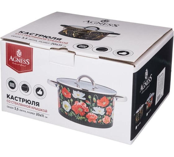 Кастрюля Agness МАКИ со стеклянной крышкой, нержавеющая сталь, 3,5 л 20x11 см 916-307