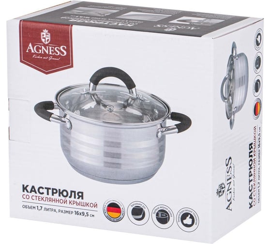 Кастрюля Agness CLASSIC со стеклянной крышкой 1,7 л, 16x9.5 см 937-410