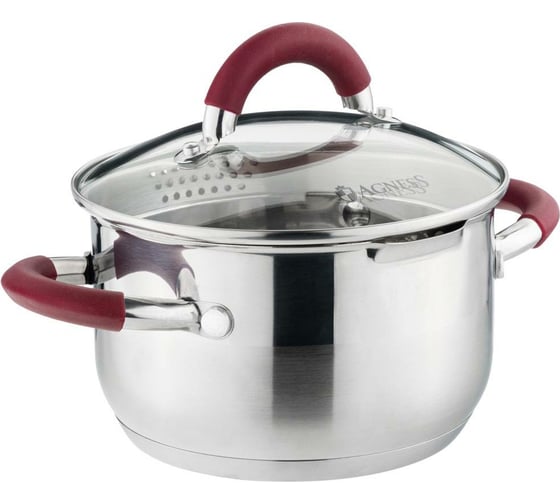 Кастрюля Agness PROFI HOME со стеклянной крышкой, 3 л 20x11.5 см цвет ручек бордо 914-207