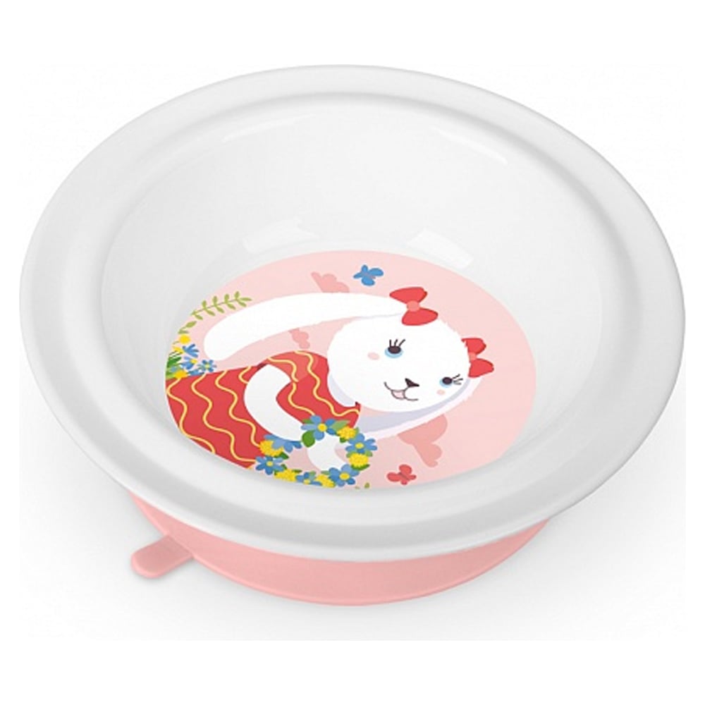 Глубокая детская тарелка Пластишка на присосе с розовым декором белый ...