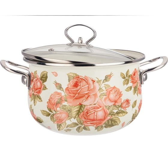 Эмалированная кастрюля Agness Корейская Роза со стеклянной крышкой 3.6 л 22x13 см 915-138