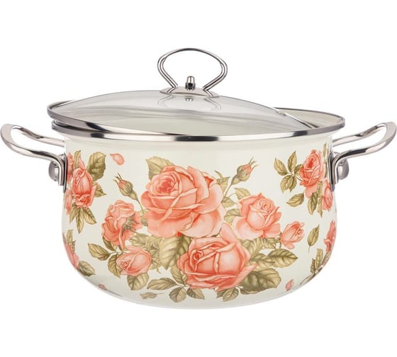 Эмалированная кастрюля Agness Корейская Роза со стеклянной крышкой 5 л 24x14 см 915-139