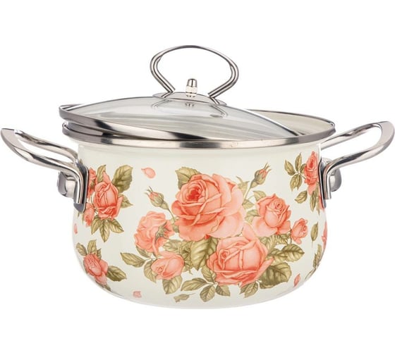 Эмалированная кастрюля Agness Корейская Роза со стеклянной крышкой 2 л 18x11 см 915-136