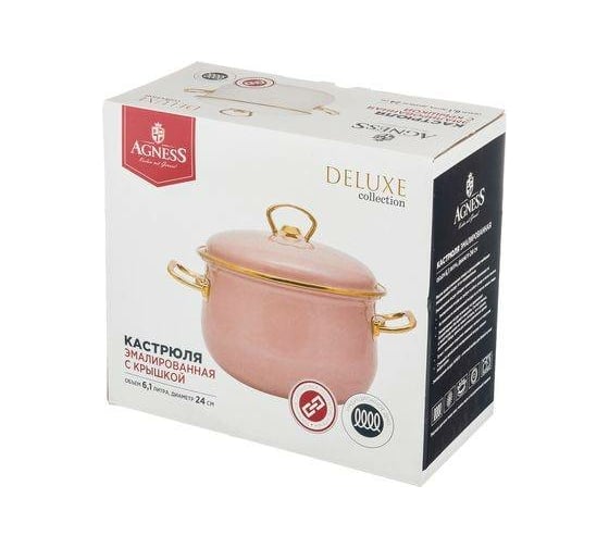 Эмалированная кастрюля Agness DELUXE с крышкой, 24x15 см 6.1 л, подходит для индукции 951-119