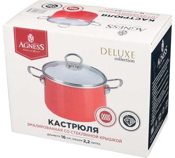 Эмалированная кастрюля Agness DELUXE со стеклянной крышкой с эффектом металлик 2.2 л 901-050