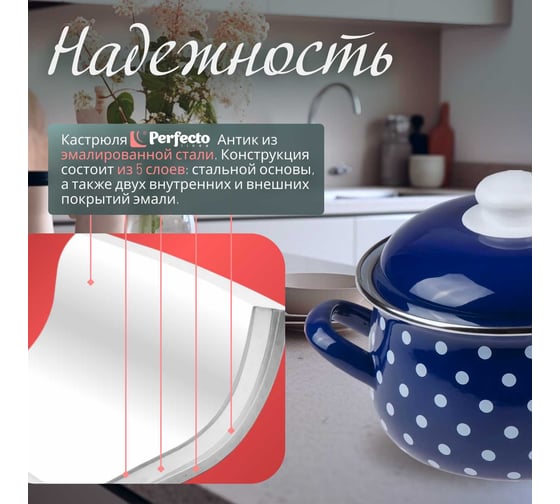 Эмалированная стальная кастрюля PERFECTO LINEA Горошек синий 2.1 л 50-600921