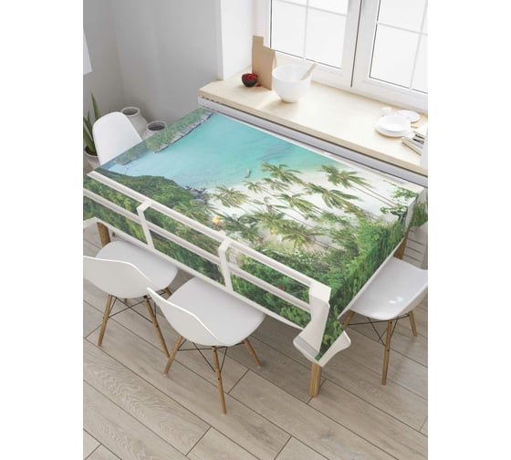 Прямоугольная скатерть JoyArty Окно к островам из сатена tc_7779_120x145