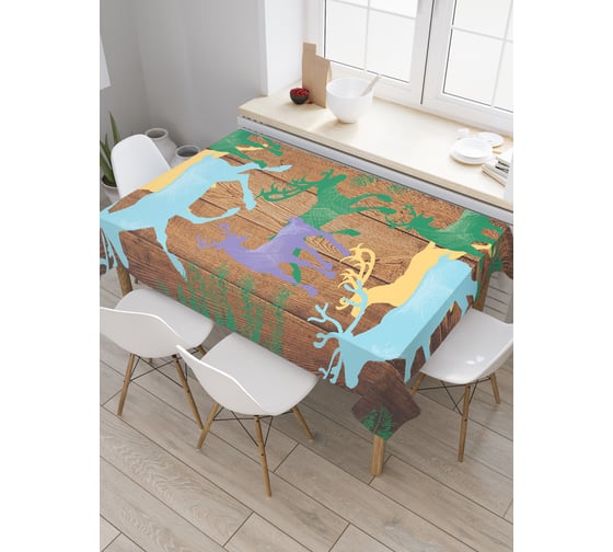 Прямоугольная скатерть JoyArty Красочные олени на деревянных досках из сатена tc_5480_120x145 1
