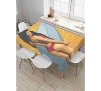 Прямоугольная скатерть JoyArty Красотка с серфом из сатена tc_78601_120x145