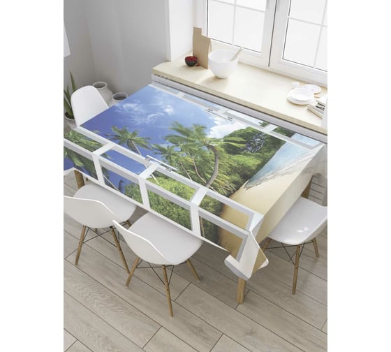 Прямоугольная скатерть JoyArty Отпускное окно из сатена tc_8046_120x145 1