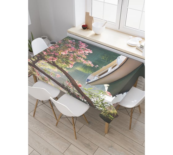 Прямоугольная скатерть JoyArty Лодка под цветущим деревом из сатена tc_2517_120x145 1