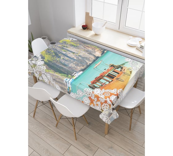 Прямоугольная скатерть JoyArty Лодка в узорчатой рамке из сатена tc_4798_120x145 1