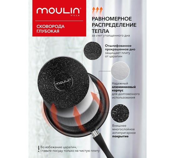 Глубокая сковорода Moulinvilla Авангард со съемной ручкой и крышкой, 26 см RF-26-DI