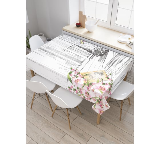 Прямоугольная скатерть JoyArty Нарисованный город и цветы из сатена tc_5005_120x145 1