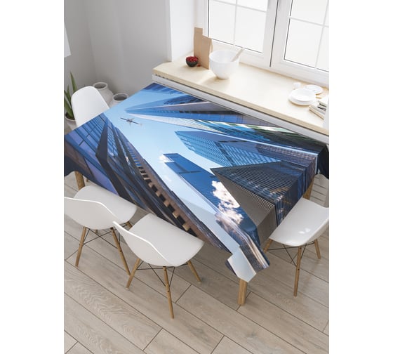 Прямоугольная скатерть JoyArty Самолет над небоскребами из сатена tc_25839_120x145 1