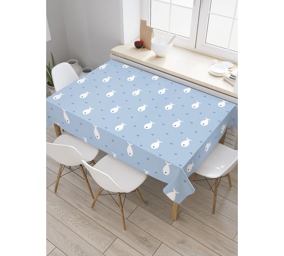 Прямоугольная скатерть JoyArty Морской узор с якорями и рыбами из сатена tc_19710_120x145 1