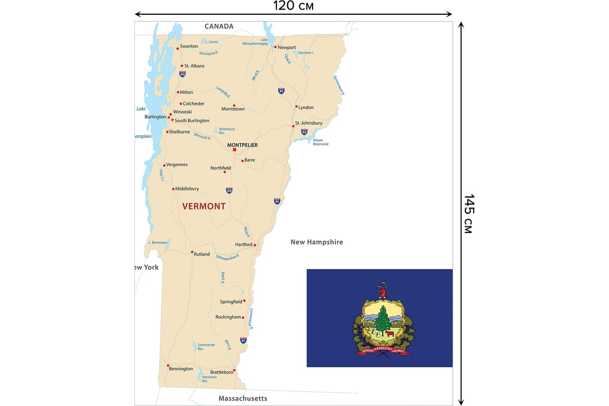 Прямоугольная скатерть JoyArty Карта Штат Вермонт из сатена tc_7189_120x145