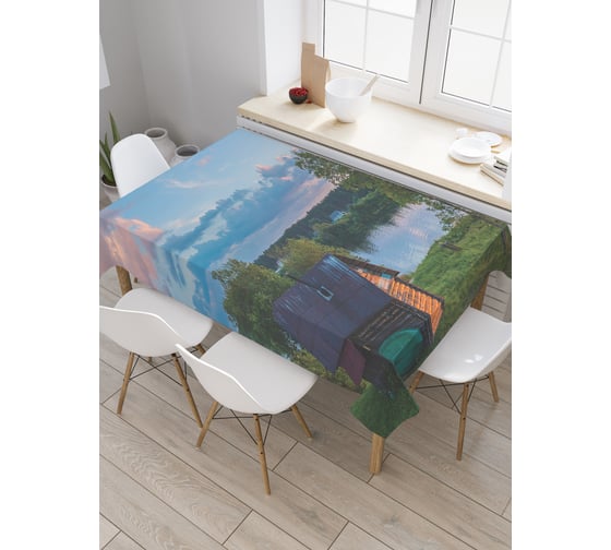 Прямоугольная скатерть JoyArty Река и дом из сатена tc_20205_120x145 1