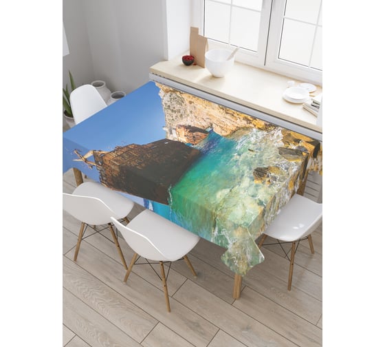 Прямоугольная скатерть JoyArty Корабль на камнях из сатена tc_20557_120x145