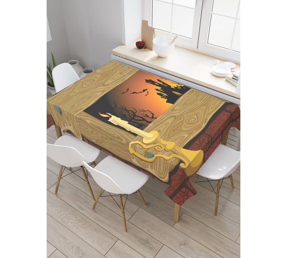 Прямоугольная скатерть JoyArty Свеча а за окном замок из сатена tc_6017_120x145 1