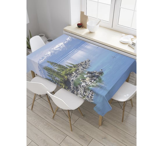 Прямоугольная скатерть JoyArty Скалистые берега горного озера из сатена tc_32748_120x145 1